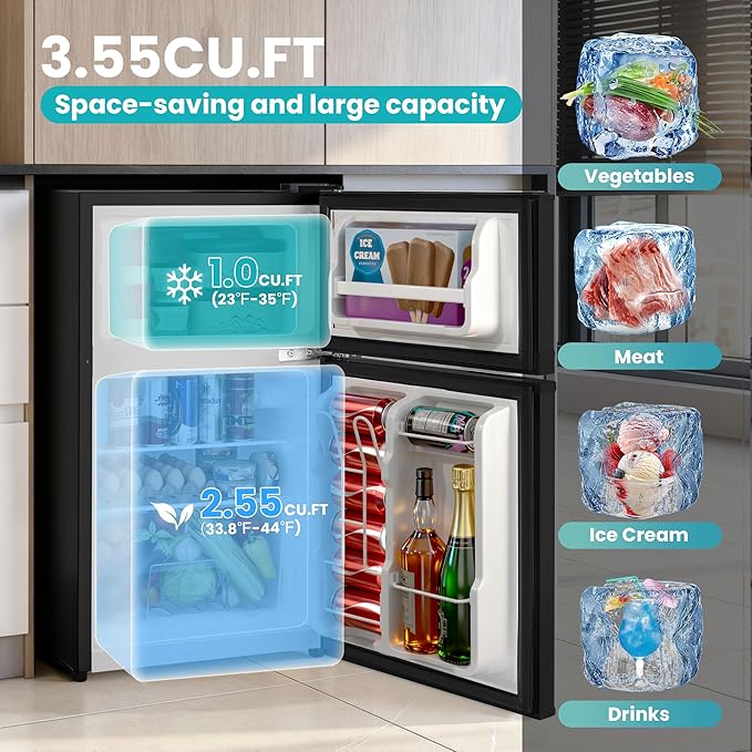 Double Door Refrigerator with Freezer, 3.55 Cu.Ft, Small Fridge with Freezer, 7 Settings Temperature Adjustable, Mini Refrigerator for Office and Apartment Bedroom Dorm(3.55 Cu.Ft, Black)