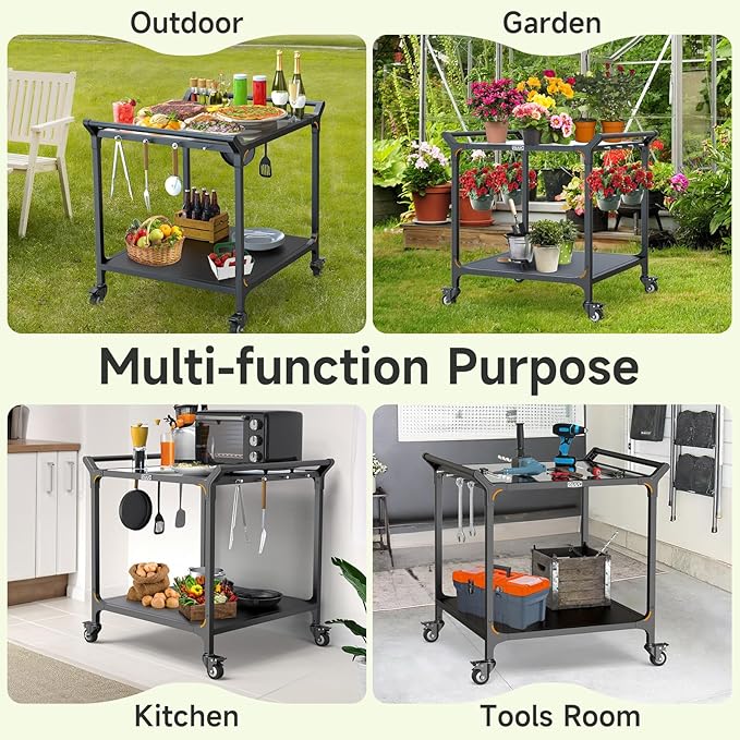 NUUK Outdoor Grill Cart on Wheel 32" x 32", Stainless Steel Pizza Oven Table with Double-Shelf, Rolling Countertop Kitchen Food Prep Cart for Backyard, Garden, Restaurant