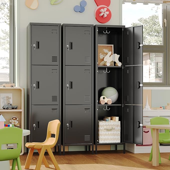 METAN Metal Storage Employees Lockers with 3 Lockable Doors and Hooks,66''H*16''W*16''D Locking Storage Cabinets for Small Spaces,Home,School,Gym,Assembly Required,Black