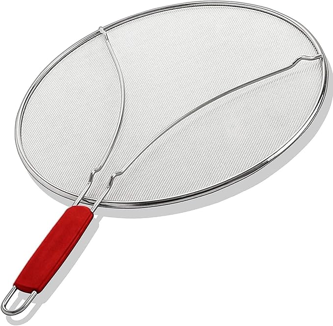 Splatter Guard for Frying Pan & Food Strainer and Universal Cookware 13" - Stops Hot Oil Splash - RED Handle - Splatter Screen for Cooking - Alpha Living