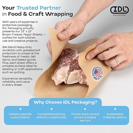 Brown Freezer Paper Sheets 12" x 12", Pack of 1000 - USA-Made Paper Sheets for Long-Term Freezing of Meat & Fish - Freezer Pads for Quilting - Bakery Tissue Wraps for Food Storage by IDL Packaging