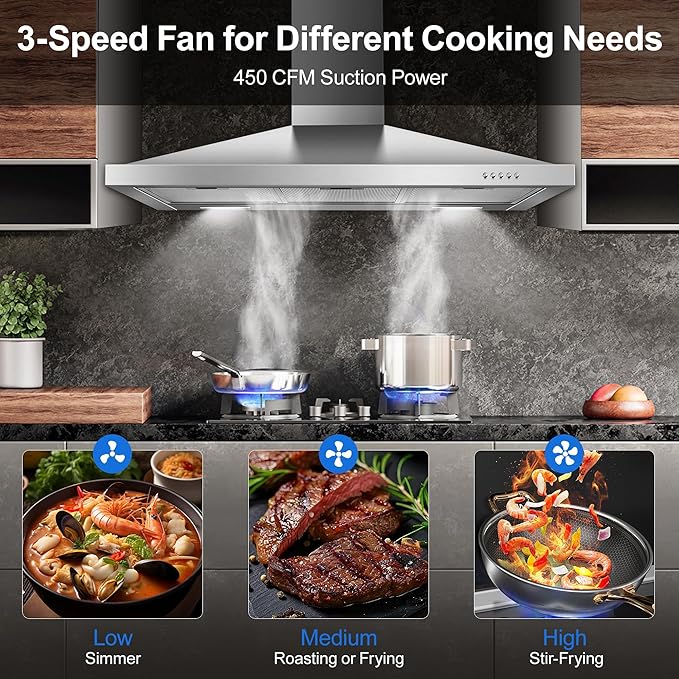 Tiesay Wall Mount Range Hood 36 inch with Ducted/Ductless Convertible Duct, Kitchen Hood Stainless Steel Chimney-Style Over Stove Vent Hood with LED Light, 3 Speed Exhaust Fan, 450 CFM