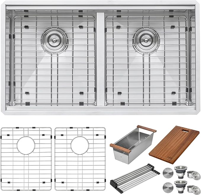 Ruvati 33-inch Workstation Ledge 50/50 Double Bowl Undermount kitchen sink with Brushed Finish - 16 Gauge Stainless Steel Kitchen Sink - Workstation Kitchen Sink - RVH8350