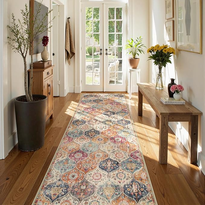 Lahome Moroccan Hallway Runner Rug, 2'5''x8' Ultra-Thin Washable Runners for Hallways Kitchen, Oriental Laundry Room Rug Non-Slip Vintage Long Carpet for Entryway Bedroom Bathroom, Cream/Multi