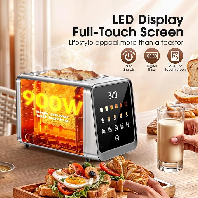 Touch Screen Toaster 2 Slice, Smart Digital with 1-Touch Memory, 1.5" Wide Slot for Bagels, 5 Bread Types & 6 Shade Settings, 900W, Defrost & Reheat