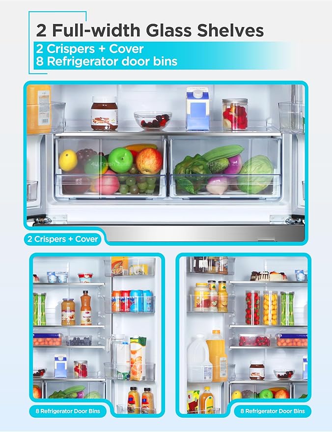 BLACK+DECKER 18 Cu. Ft. French Door Refrigerator with Built-in Ice Maker, Full Size Refrigerator with Bottom Mount Freezer Drawer, Frost Free, ENERGY STAR certified, BRF1800GIMS, Stainless Look