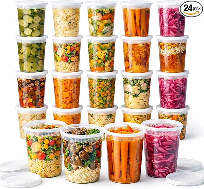 Plastic Food Storage Container with Lid, clean Round, 32 oz, Deli Container, Restaurant Grade. 24 SETS Microwave & Freezer Safe BPA-free Leakproof Meal Prep Soup Containers,