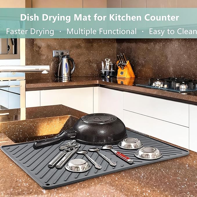Dish Drying Mat, Silicone Dish Drying Mat for Kitchen Counter, Dish Drainboard Mat with Built-in Drain, Non-silp, Heat Resistant, Dishwasher Safe (Black, 14.6"x10.3")