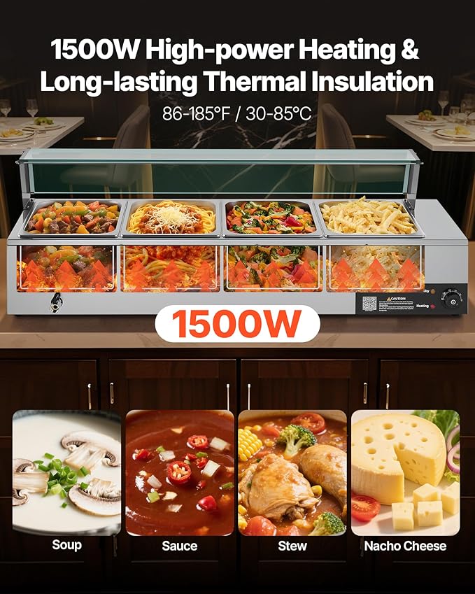 VEVOR Commercial Food Warmer, 1500W Electric Stainless Steel Steam Food Warmer with Glass Cover, 4-Pan Countertop Buffet Bain Marie with Soup & Perforated Ladles, for Catering, Restaurant & Party
