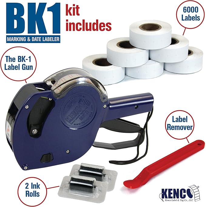 Kenco BK 1 Line Price Gun Kit - Includes 6,000 Labels, 2 Ink Rollers, Label Scraper - 8 Digit Labeler for Pricing, Dating, and Coding (BK-1 KIT Standard)