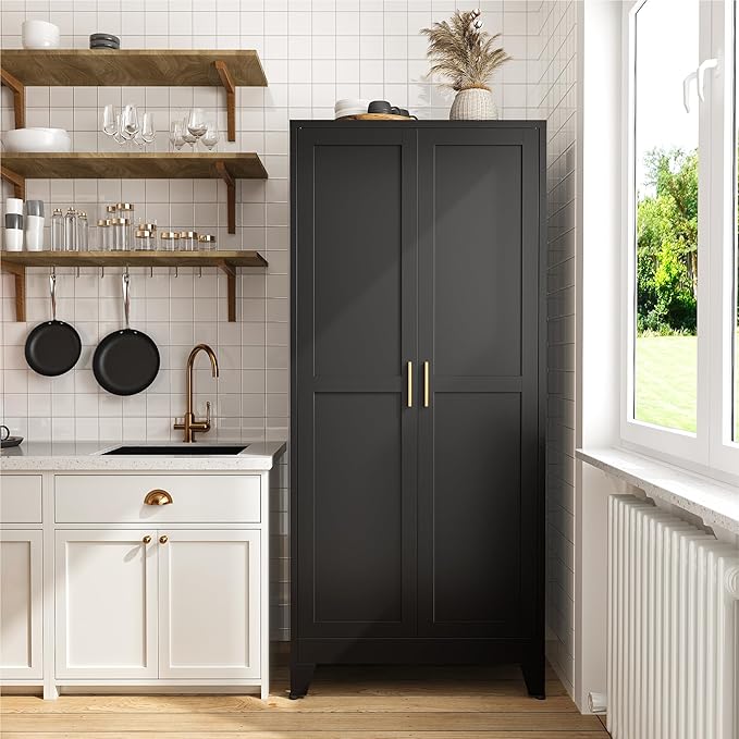 COFaR 71" Modern Pantry Cabinet in Black, 5-Tier Storage Cabinet with Adjustable Shelves, Industrial Steel Cupboard for Kitchen, Office & Living Room Organization