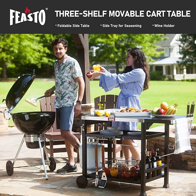 Outdoor Grill Cart, Pizza Oven Table Stand for Outdoor Indoor, 50" x 22" Stainless Steel Tabletop Dining BBQ Grill with Wheels for Food Prep, 3-Shelf Kitchen Cart Table