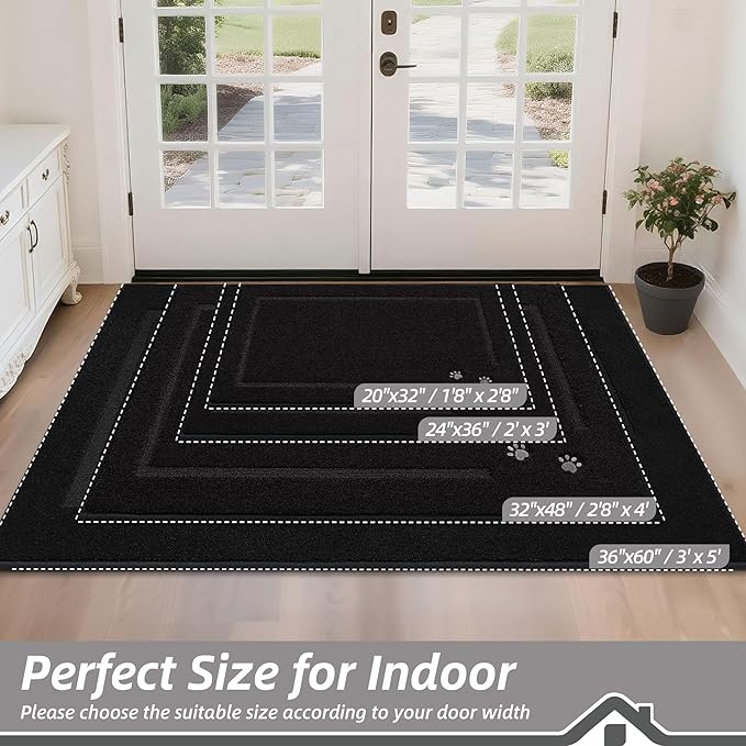 BEQHAUSE Dog Door Mat for Muddy Paws 32"x48" Dirt Trapper Absorbent Doormat Non Slip Entryway Rugs Washable Stain Resistant Welcome Floor Mat Soft Low-Profile for Front Back Door, Black