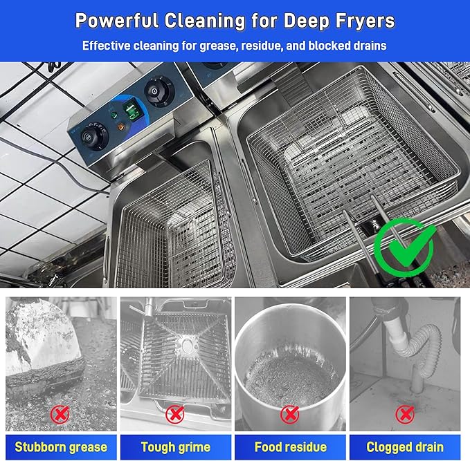 4 Pieces Fryer Cleaning Tool Sets, High Temp Deep Fryer Cleaner Kits Including Stainless Steel Crumb Scoop, L-Shape Fryer Cleaning Brush, Long Handle Basket Brush & Cleanout Rod for Commercial Kitchen