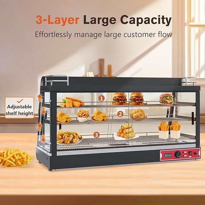 35-inch Commercial Food Warmer Display Case, 3-Tier Countertop Food Pizza Pastry Warmer with Top Rack for Pizza/Pretzel,3D Heating with LED Lighting Removable Shelves Glass Door,for Restaurant