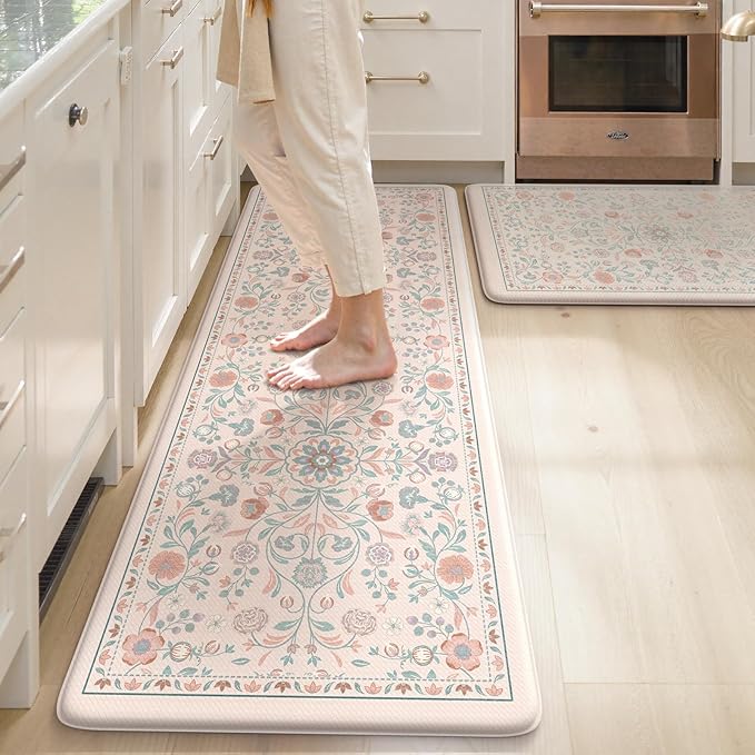 KIMODE Comfort Kitchen Mats Cushioned Anti Fatigue,Boho Floral Kitchen Rugs Sets of 2 Non Slip,Wide Padded Memory Foam Ergonomic Standing Carpet for Laundry Sink Office,Pink
