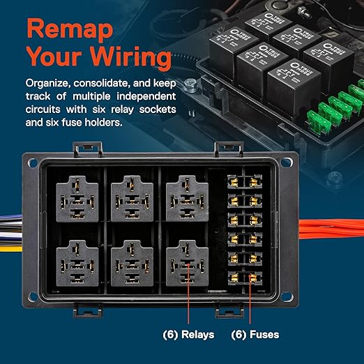 True Mods Waterproof 12V Fuse Relay Box Block Kit w/Pre-Wired Harness [12 & 16AWG] 6 Gang Bosch Style 5Pin 30A/40A Universal Relay & Fuse Panel for DC Auto Automotive Vehicle Car Marine Boat Jeep UTV