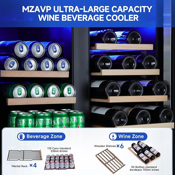 30 Inch Wine and Beverage Refrigerator, Dual Zone Wine Beverage Cooler, 30" Wine Cooler Under Counter or Freestanding Wine Beer Fridge with Upgraded Cooling, Holds 30 Bottles and 110 Cans, Black