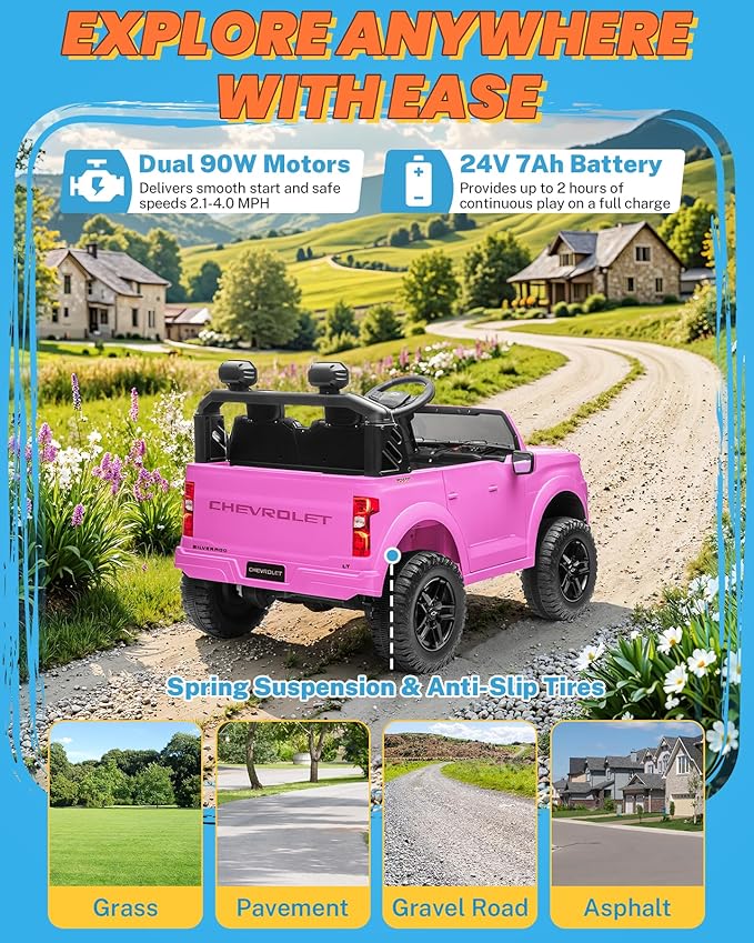 ENYOPRO 24V 2 Seater Electric Car for Kids, Licensed Chevrolet Silverado LT Trail Boss Kids Ride on Car w/Remote Control, LED Lights, Bluetooth, 90W Motor, All-Terrain Wheels, Truck Bed Storage, Pink