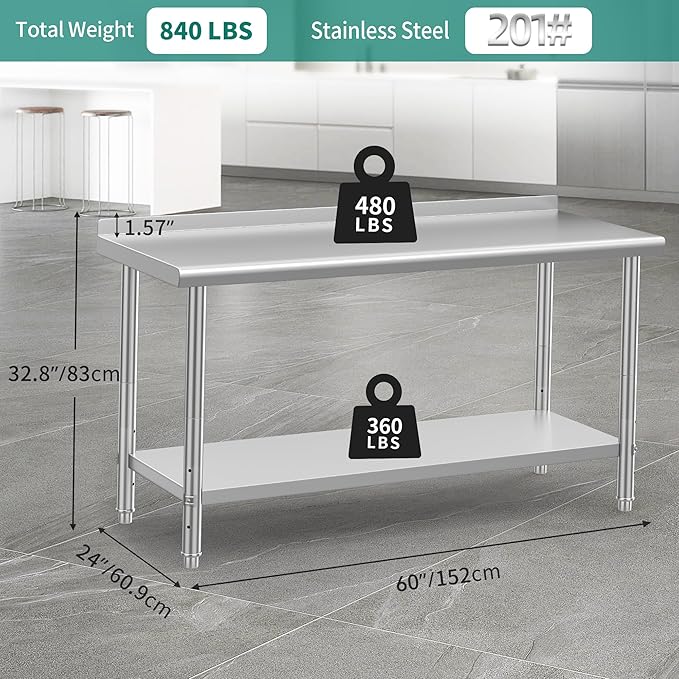 YITAHOME 60" x 24" Stainless Steel Table for Prep & Work with Backsplash, NSF Commercial Heavy Duty Table with Undershelf for Home Kitchen Restaurant Garage Warehouse
