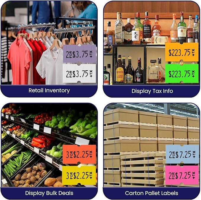 Perco 1 Line Multicolored Sleeves—32 Rolls, 4 Sleeves, 32,000 Labels for Perco Lite, X, Plus & Pro Guns—Includes White, Yellow, Blue, Lavender & Fluorescent Colors (Red Green Pink Orange)—Made in USA