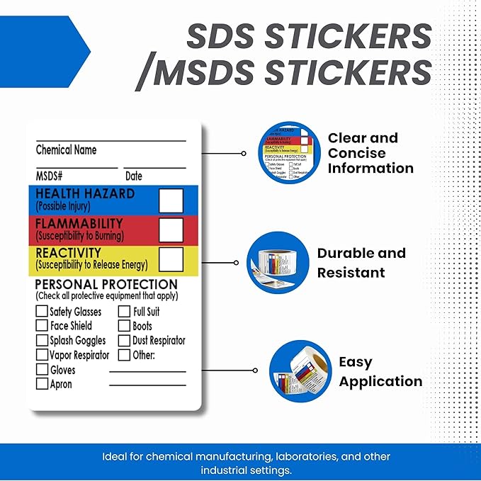 Performore SDS Stickers, 1.5x2.5 Inch Roll of 250, Right to Know Stickers - Chemical Identifying and Marking, Highly Visible and Durable Self Adhesive