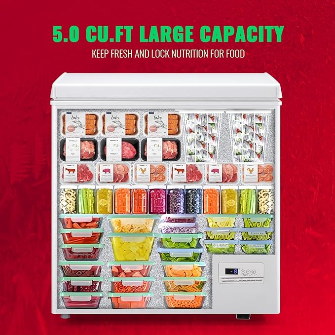 Chest Freezer 5.0 Cubic Feet Freezers with Temperature Display Panel Small Deep Freezer 2 Removable Basket Top Open Door Freezer Ideal for Apartment Office Dorm White