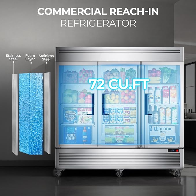 Coolake 82" Width Commercial Refrigerator 3 Solid Doors, 72 Cu.ft Stainless Steel Reach-in Upright Fridge with LED Lighting, Fan Cooling Refrigerator for Restaurant Cafe Hotel Kitchen Prep Area