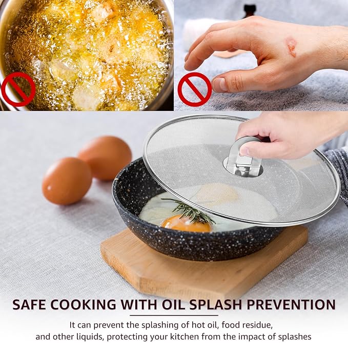3 Pcs Splatter Guard Stainless Steel Frying Pan Splatter Screen Splash Proof Oil Splatter Cover with Foldable Handle Mesh Oil Proofing Lids for Kitchen Cooking (9.8 inch, 11.4 inch, 13 inch)