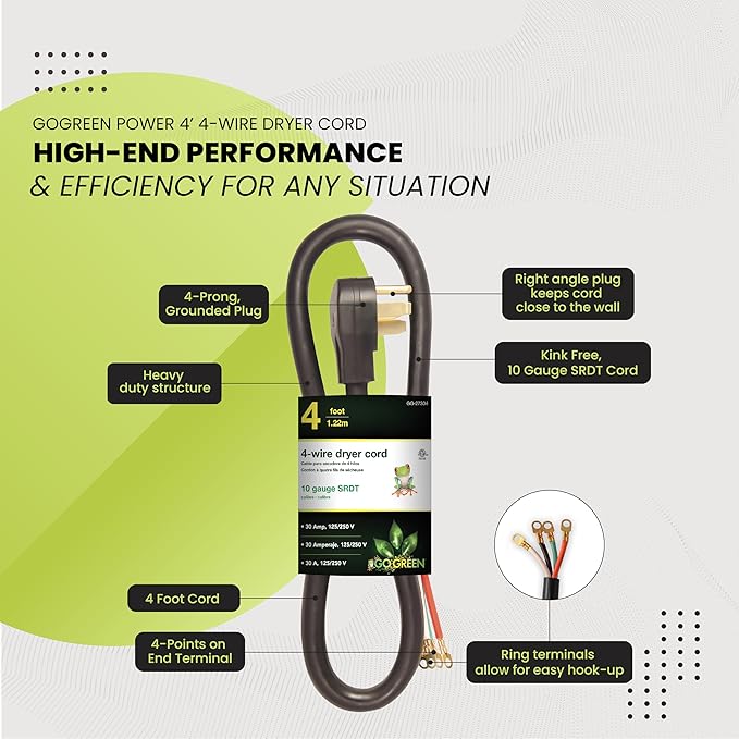 Go Green Power GG-27304 4' 4 Wire Dryer Cord, 30 Amp