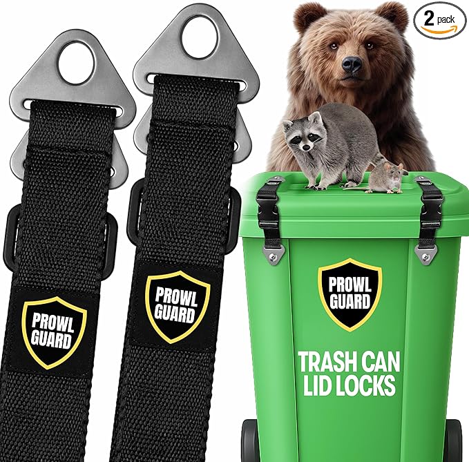 PROWL GUARD Trash Can Lid Lock – 2 Pack Animal & Raccoon Proof Trash Can Lid Straps for Outdoor Garbage Bins, Heavy Duty Adjustable Garbage Lock Clamps, Weather Resistant, Easy Install, 2 Pieces