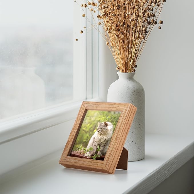 Fun Memories 4x4 Picture Frame, Solid White Oak Wood Frame 4 by 4, 4 x 4 Square Photo Frame with Tempered Real Glass, Rustic Wooden Frame 4"x4" for Wall & Tabletop Display, Natural Color, Set of 2