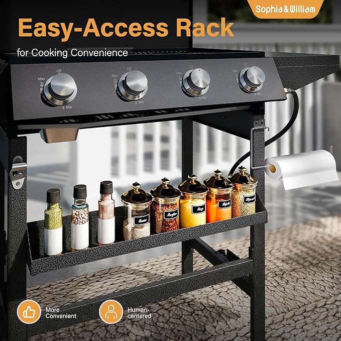 Sophia & William 4-Burner BBQ Propane Gas Grill Griddle & Stove Combo, 482 SQ.IN.Cooking Area, 52,000 BTU Gas Barbeque Grills Outdoor Cooking with Two Shelves for Outside Patio Barbecue, Black
