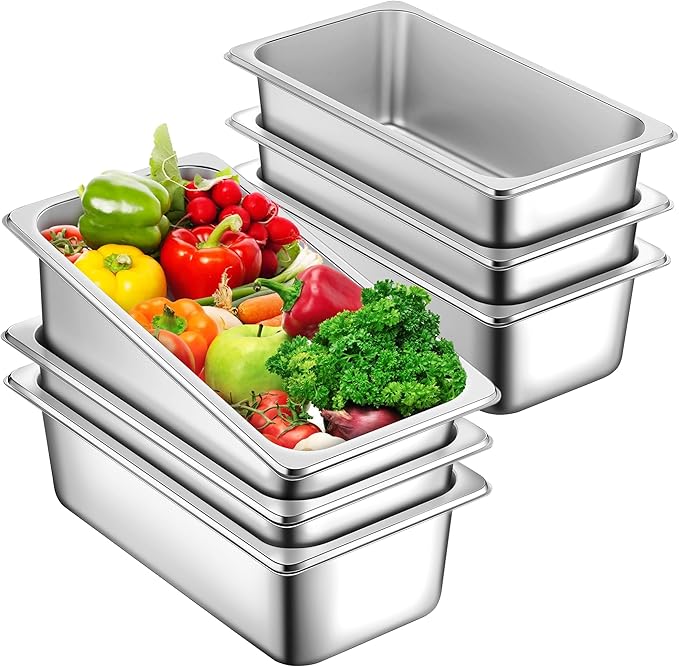6 Pack Hotel Pans, 1/3 Size 4 Inch Deep Steam Table Pan, Stainless Steel Commercial Food Pan Anti Jam Steam Pan, Breading Trays for Hotel, Party, Buffet, Catering Supplies