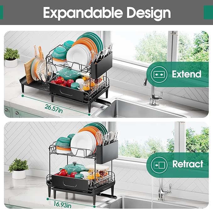 Dish Drying Rack for Kitchen Counter, Expandable 2 Tier Dish Rack, Large Capacity Dish Drainer with Drainboard Multifunctional Dish Strainer with Removable Cutlery Holder Black