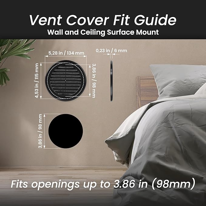 Repa Market 4 Inch (Opening) Black Round Air Vent Cover - Pack of 10 Plastic Fresh Air Intake Vent - AC Cover with Nylon Mesh Screen - Wall, Ceiling HVAC Return Air Register - Modern Soffit Vents