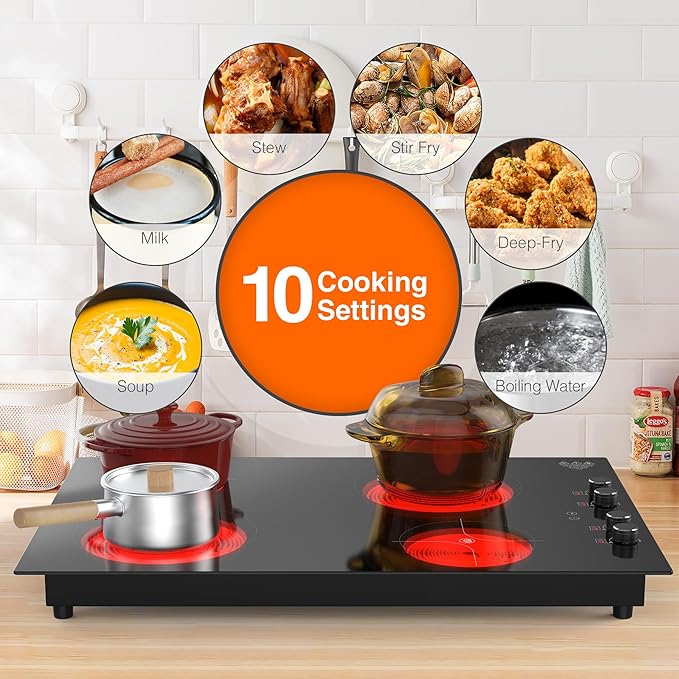4 Burner Electric Cooktop,7200W Built-in & Countertop 4 Burner Electric Stove Top with 9 Power Levels, Child Safety Lock & 99mins Timer, 30 inch Electric Cooktop 220-240V (No Plug)