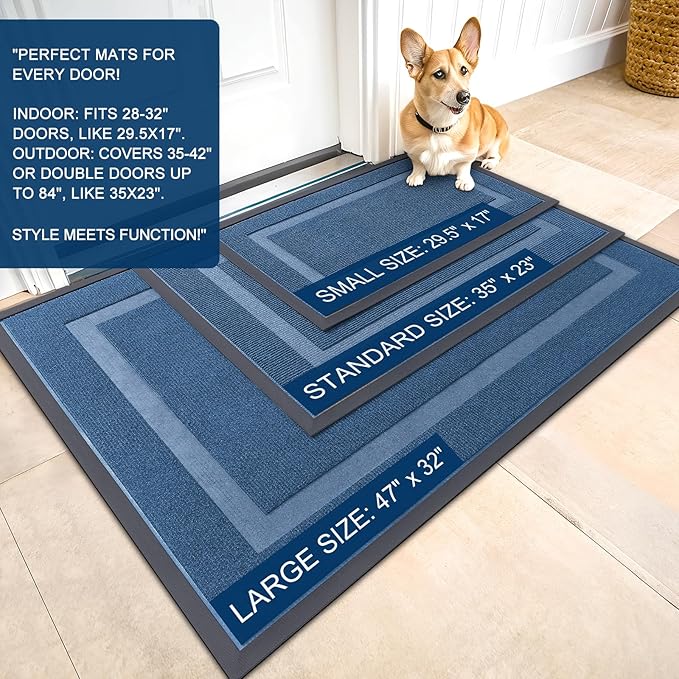 OLANLY Front Door Mat Indoor Outdoor Entrance, Waterproof All-Season, All-Weather Doormat, Sturdy Natural Rubber, Fade Resistant, Low Profile, Easy Clean Patio Porch Entryway Mat, 59x34, Light Blue