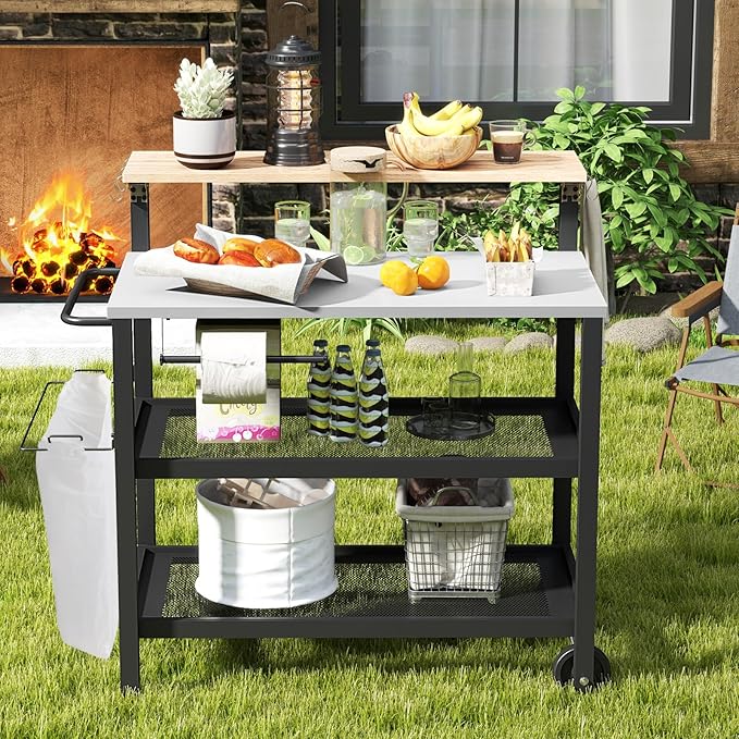 GOFLAME Outdoor Patio Cart Table, Kitchen Shelf on Wheels with Flip Top, Trash Bag Holder, Movable Hooks, Side Handle, Rolling Dining Grill Table, 4-Tier Serving Cart for Home, Bar, with Chairs