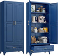 75” Kitchen Pantry Storage Cabinet,Metal Tall Storage Cabinet with Drawers and Adjustable Shelves,Modern Kitchen Hutch Cabinet,Freestanding Cupboard for Living Room,Blue
