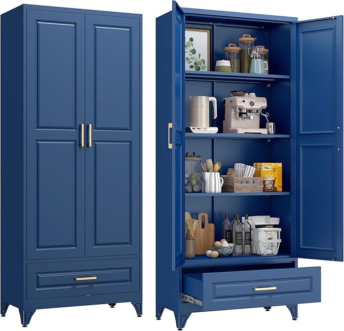 75” Kitchen Pantry Storage Cabinet,Metal Tall Storage Cabinet with Drawers and Adjustable Shelves,Modern Kitchen Hutch Cabinet,Freestanding Cupboard for Living Room,Blue