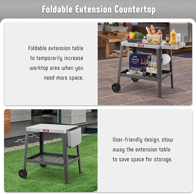 Movable Outdoor Grill Table Cart, Pizza Oven Stand with Wheels, Stainless Steel Countertop with Foldable Extension Table, Versatile Food Prep Grill Cart for Outdoor BBQ Cooking