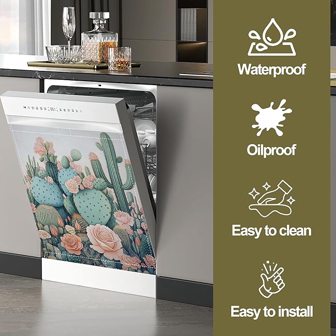 Blooming Cactuses Dishwasher Magnets Decorative Cover,Tropical Magnet Fridge Panel Decal for Home Kitchen Decor,23x26 in