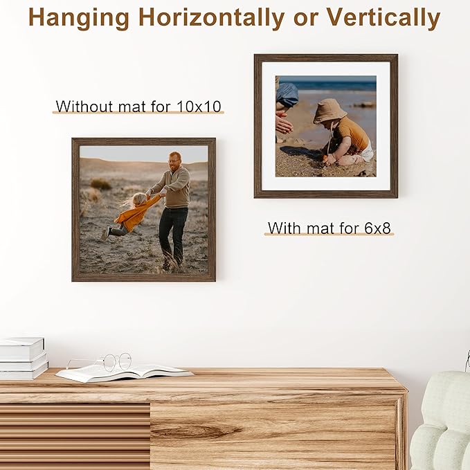 Vittanly 10x10 Picture Frame, Solid Wood Frame with Plexiglass, Includes 8x8 Mat, Wall Hanging or Tabletop for Photos, Home Decor, Brown, 1 Pack