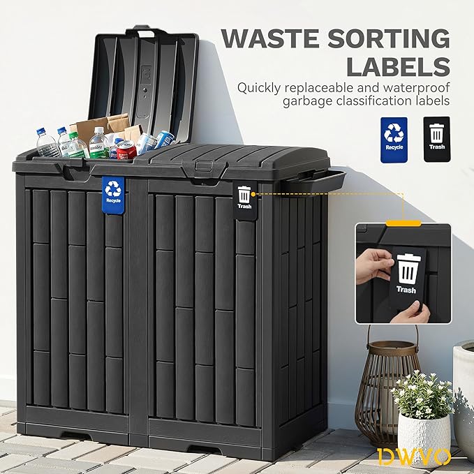 DWVO 76 Gallon Outdoor Trash Can, Dual-Compartment Resin Garbage Bin with Lid, Includes 2 Sorting Labels, Ash Holder, Stakes & Suction Cups, Hideaway Storage for Patio Backyard Garden, Black
