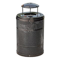 32 Gallon Perforated Recycle Container with Rain Bonnet Lid, Steel Outdoor Heavy-Duty Commercial Trash Can, Black Round Waste Bin, Durable Garbage Can for Municipalities, Schools, Parks, Parking