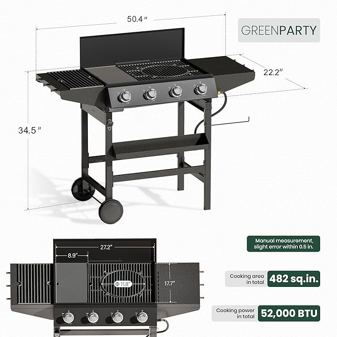 3 in 1 Propane Griddle Grill Stove Combo,4-Burner Propane Gas BBQ Grill with Porcelain-Enameled Cast lron Grates & Plate, 52,000 BTU Barbecue Combo Grill for Outdoor Cooking Camping Patio Backyard