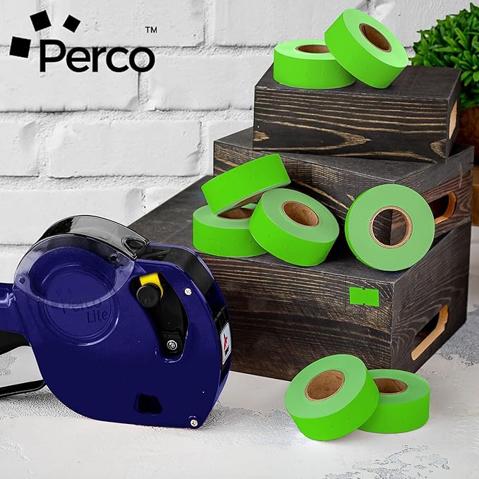 Perco 1 Line Fluorescent Green Labels - 32 Rolls, 4 Sleeves, 32,000 Blank Price and Date Gun Labels for Perco Lite, X, Plus and Pro 1 Line Price and Date Guns - Made in USA