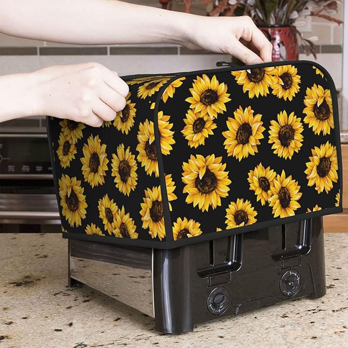 Sunflower Stylish Black 4 Slice Toaster Cover, Waterproof Toaster Dust Cover Bread Maker Protective For Small Kitchen Appliance Dining Room Table Home Decor Gifts