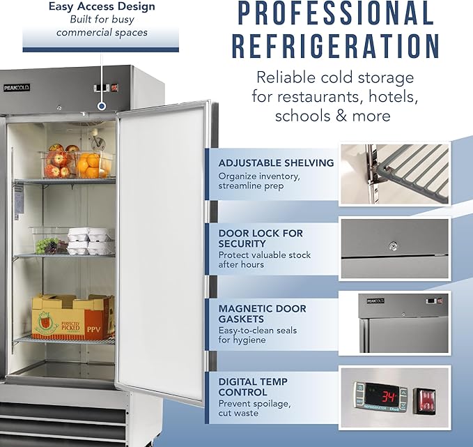 PEAKCOLD Single Door Commercial Refrigerator - 23 Cubic Ft, 29" Wide Stainless Steel Reach-In Commercial Refrigerator with White Internal Lighting - Freestanding Industrial Fridge